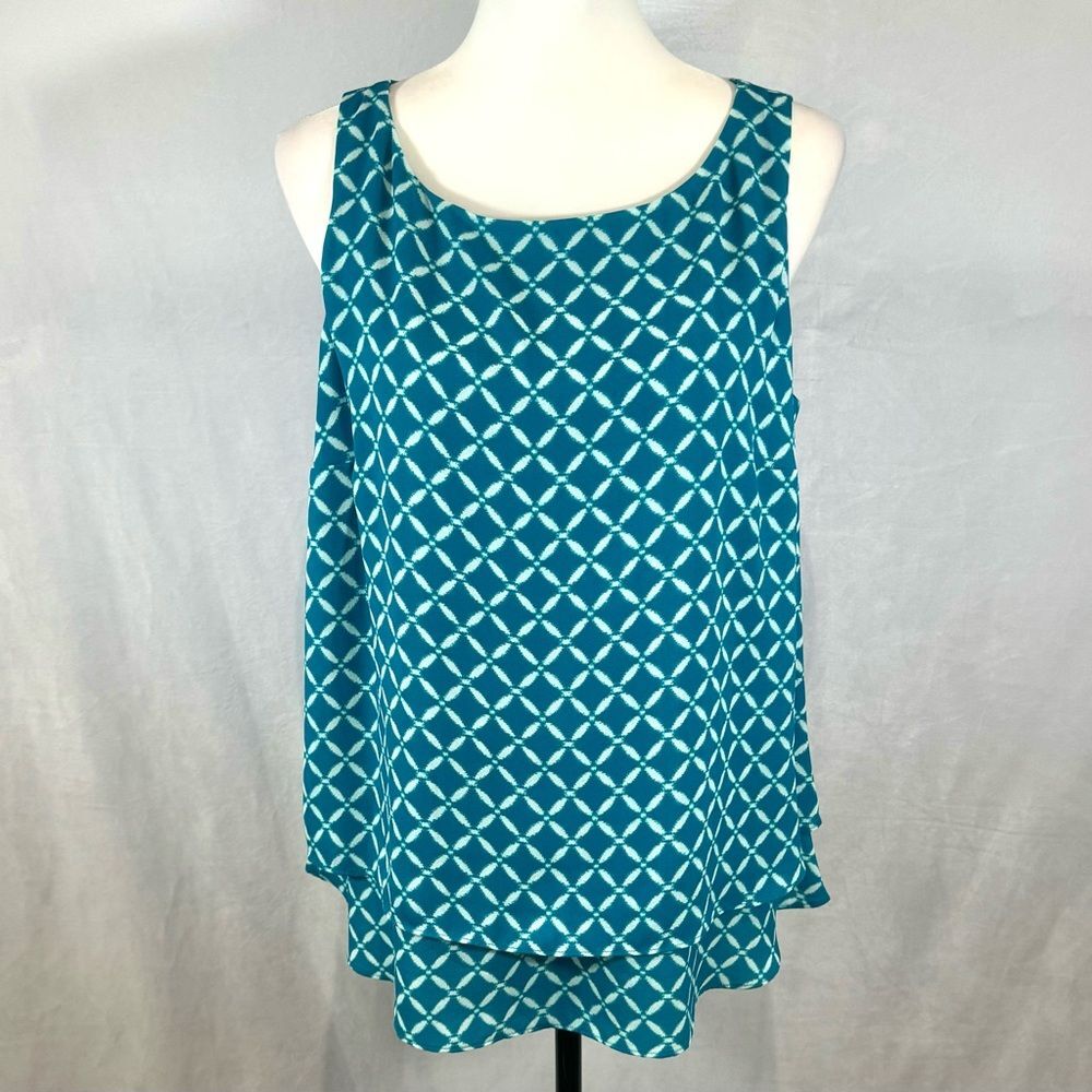 Worthington turquoise and white all over print double layer top size large